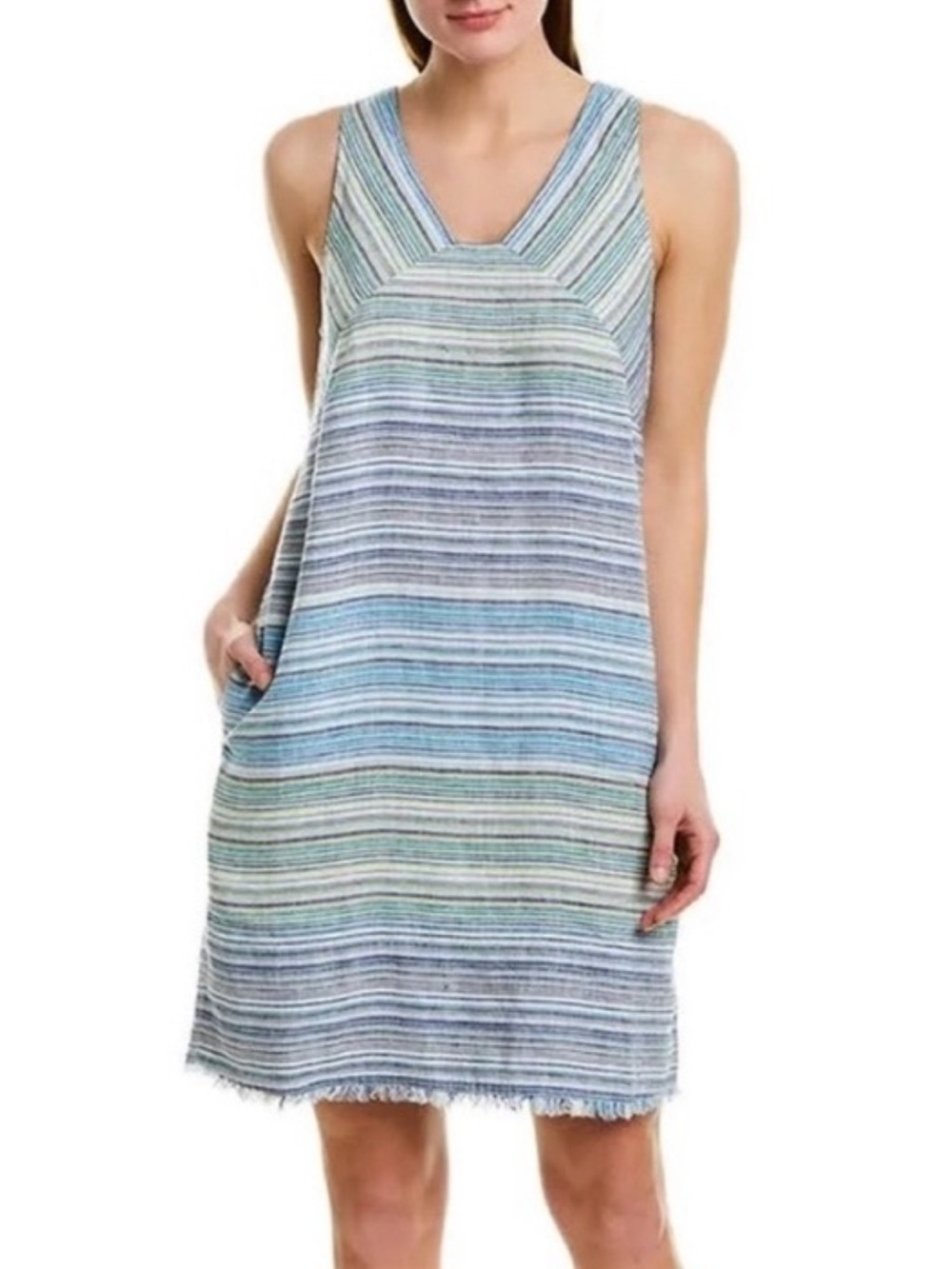 Tommy Bahama Micronesia Striped Blue Green Sleeveless 100% Linen Medium Dress
